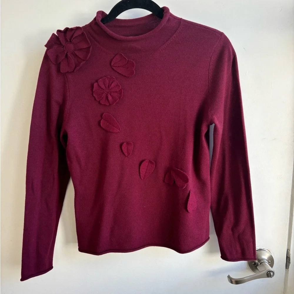 Talbots 100% Merino Wool Mock Neck Appliqué Sweater small holiday workwear